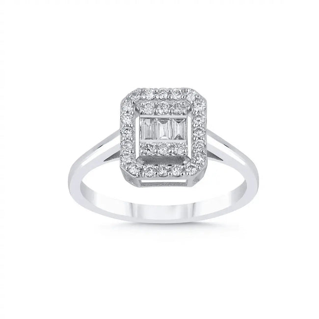 14ct/14K White Gold Natural Diamond Engagement Ring – Emerald Halo Baguette Diamond 0.29ct