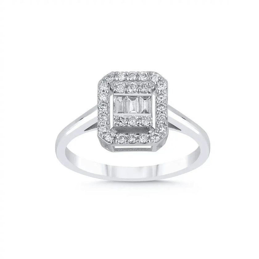 14ct/14K White Gold Natural Diamond Engagement Ring – Emerald Halo Baguette Diamond 0.29ct