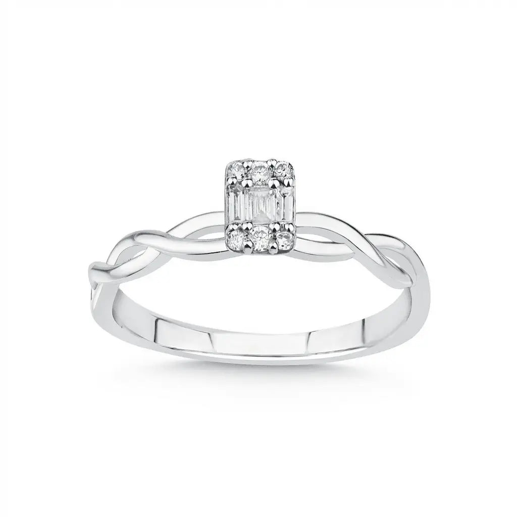 14ct/14K White Gold Natural Diamond Ring – Twisted Baguette Diamond 0.12ct