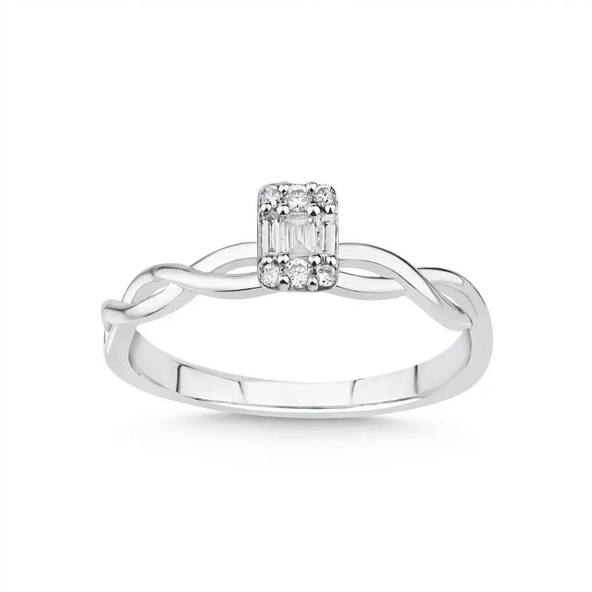 14ct/14K White Gold Natural Diamond Ring – Twisted Baguette Diamond 0.12ct