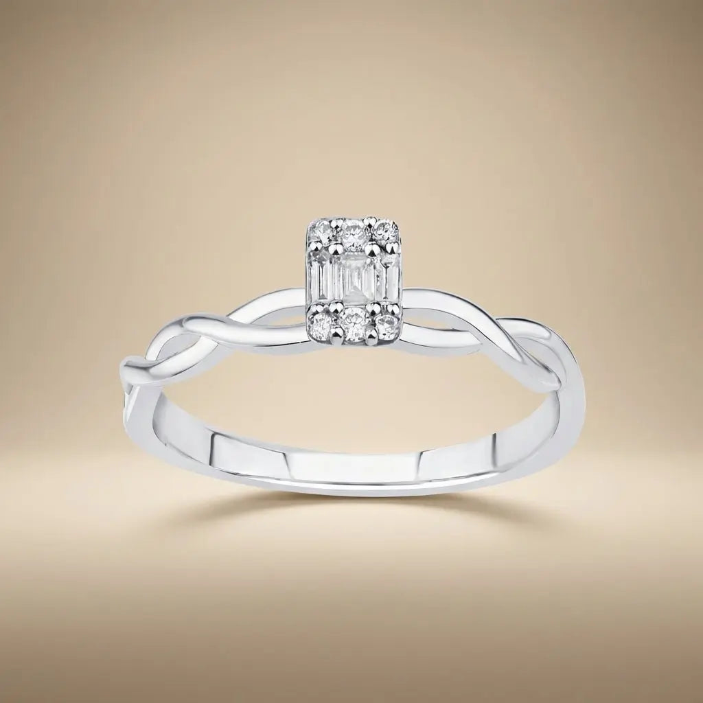 14ct/14K White Gold Natural Diamond Ring – Twisted Baguette Diamond 0.12ct