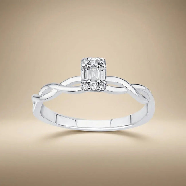 14ct/14K White Gold Natural Diamond Ring – Twisted Baguette Diamond 0.12ct