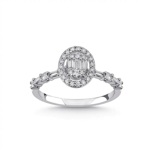 14ct/14K White Gold Natural Diamond Engagement Ring – Oval Halo Baguette Diamond 0.44ct