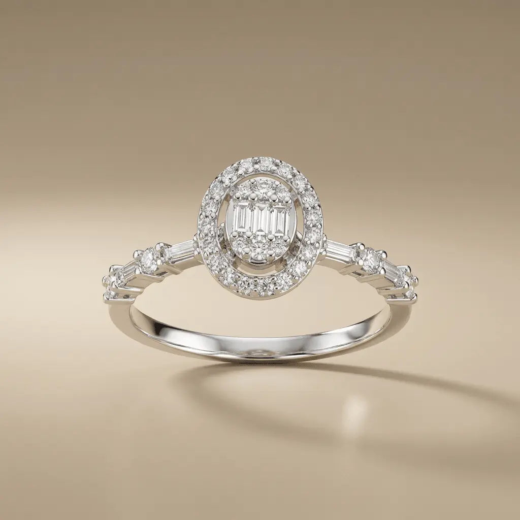 14ct/14K White Gold Natural Diamond Engagement Ring – Oval Halo Baguette Diamond 0.44ct