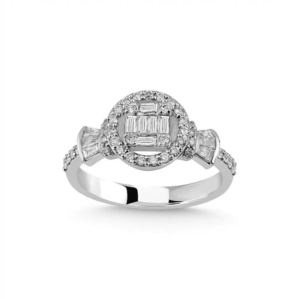 14ct/14K White Gold Natural Diamond Ring – Halo Baguette Diamond Cluster 0.52ct