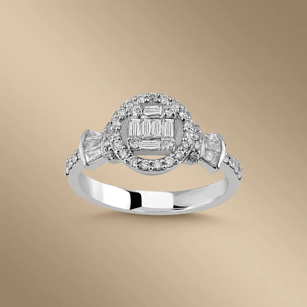 14ct/14K White Gold Natural Diamond Ring – Halo Baguette Diamond Cluster 0.52ct