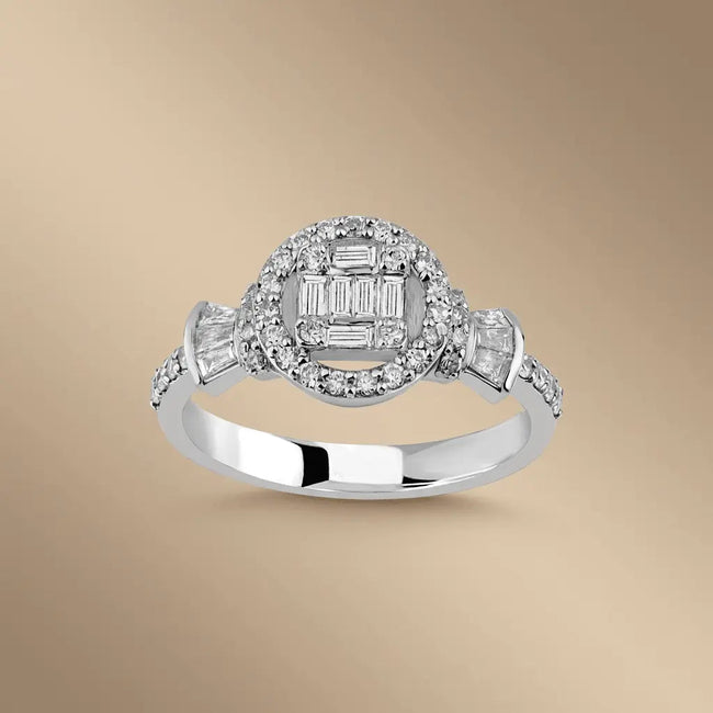 14ct/14K White Gold Natural Diamond Ring – Halo Baguette Diamond Cluster 0.52ct