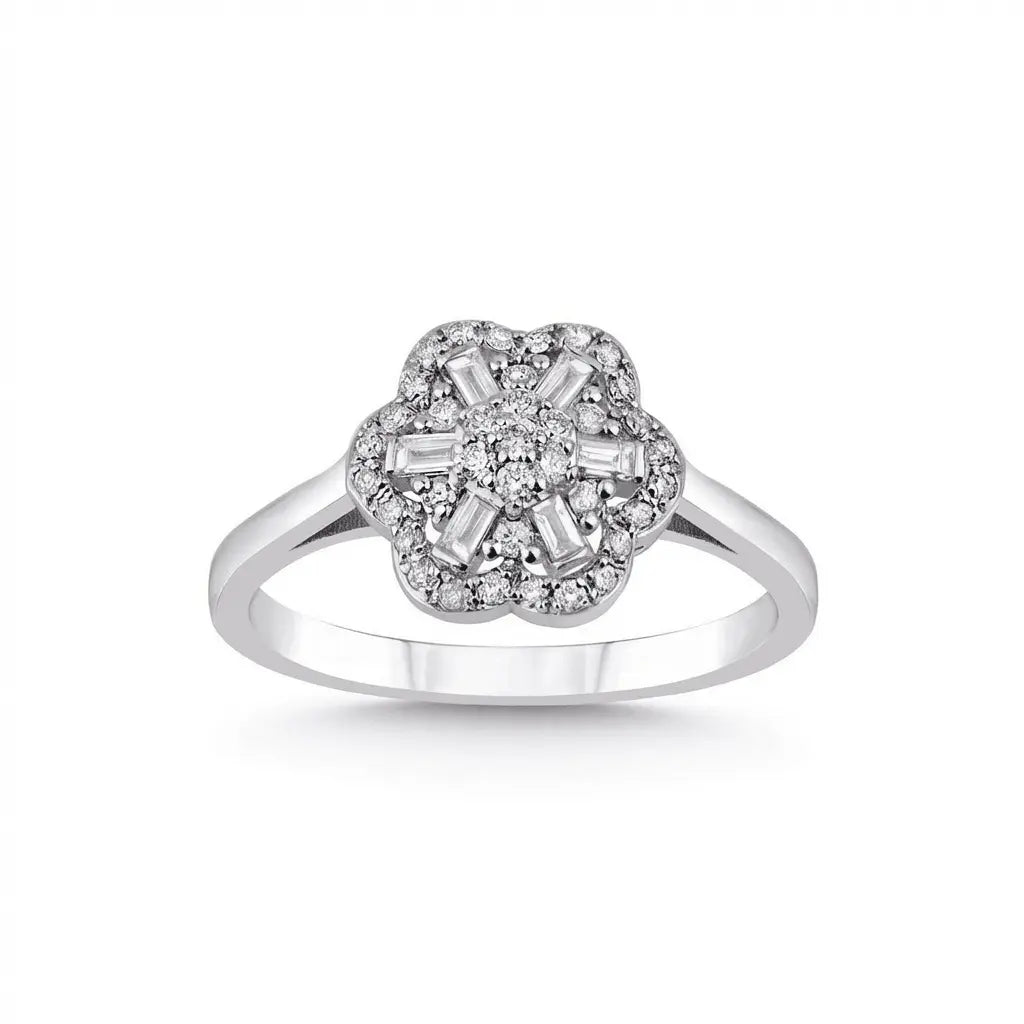 14ct/14K White Gold Natural Diamond Ring – Vintage Flower Diamond Cluster 0.3ct