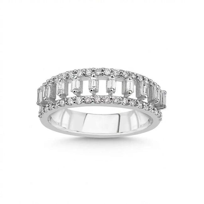 14ct/14K White Gold Natural Diamond Ring – Baguette Round Diamond Openwork 0.64ct
