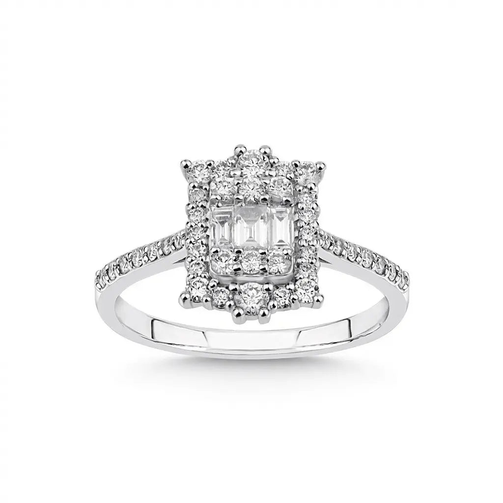 14ct/14K White Gold Natural Diamond Ring – Baguette Center Double Halo Diamond 0.72ct