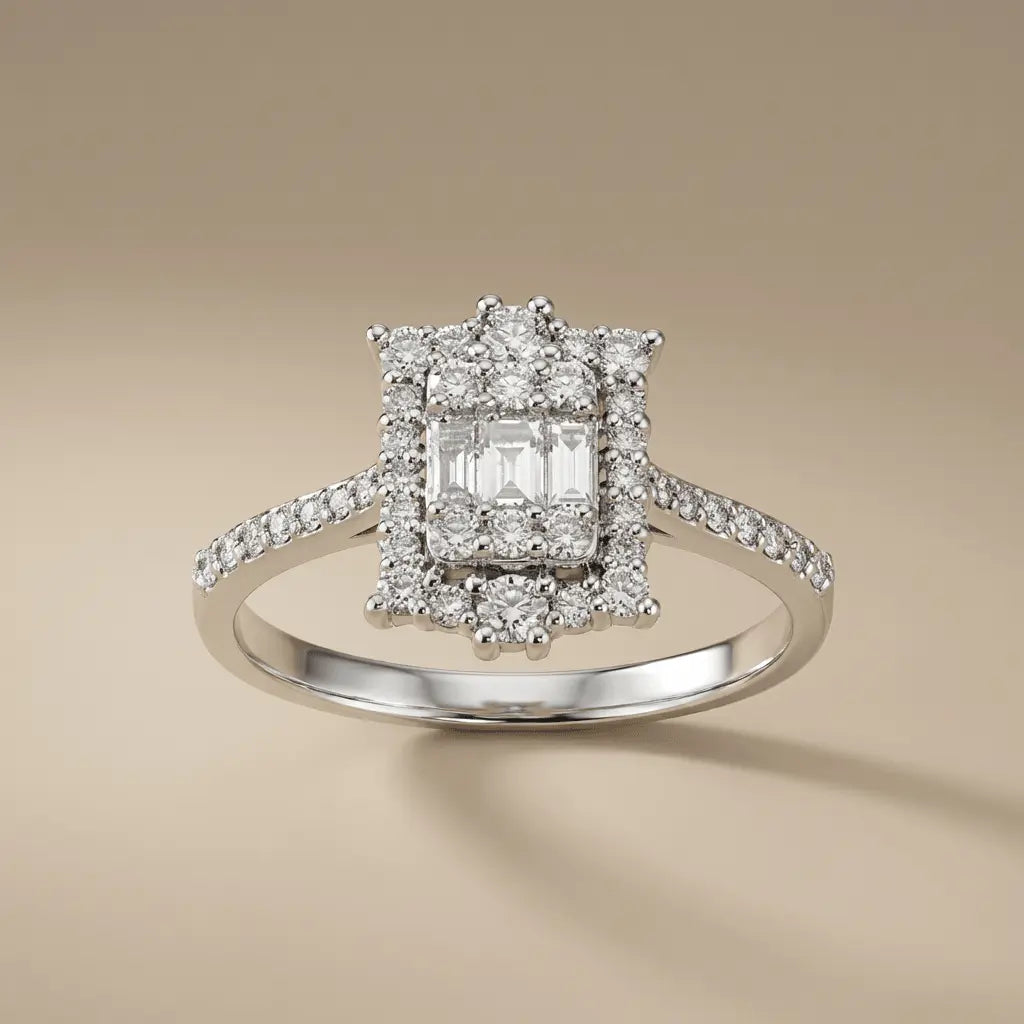 14ct/14K White Gold Natural Diamond Ring – Baguette Center Double Halo Diamond 0.72ct