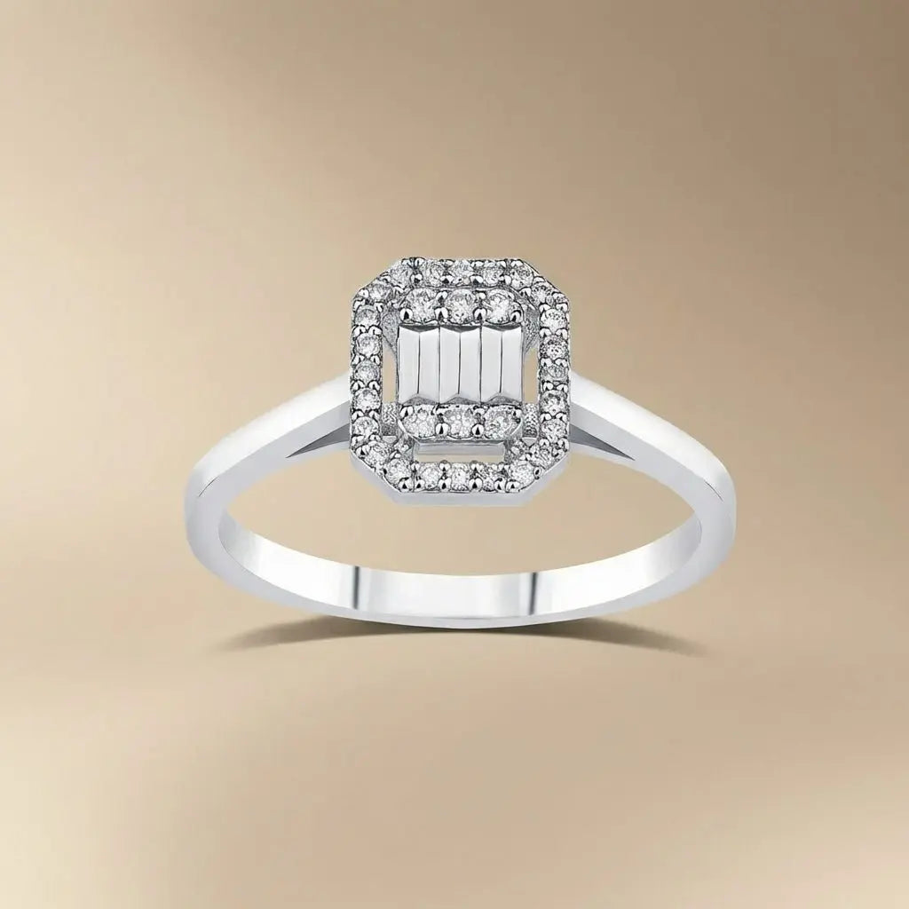 14K White Gold Natural Diamond Ring – Octagon Halo Diamond Cluster 0.14ct