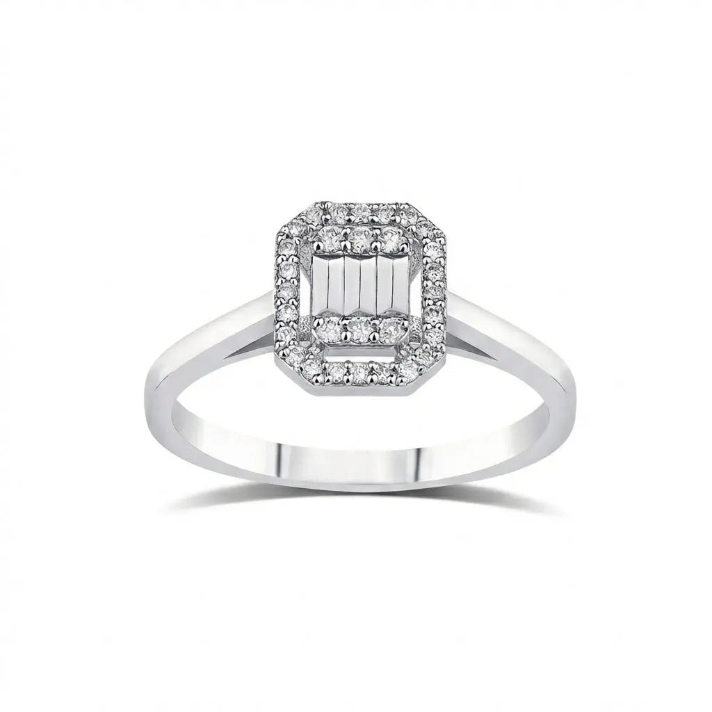 14K White Gold Natural Diamond Ring – Octagon Halo Diamond Cluster 0.14ct