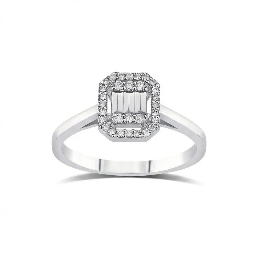 14K White Gold Natural Diamond Ring – Octagon Halo Diamond Cluster 0.14ct