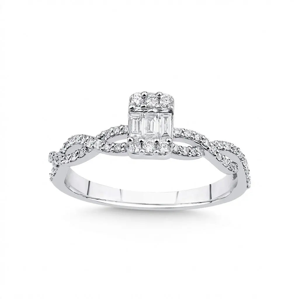 14ct/14K White Gold Natural Diamond Ring – Baguette Diamond Center with Pavé Infinity 0.31ct