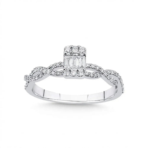 14ct/14K White Gold Natural Diamond Ring – Baguette Diamond Center with Pavé Infinity 0.31ct