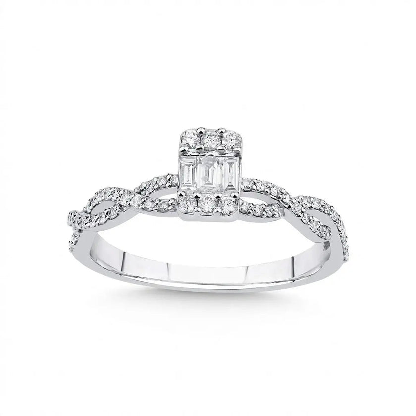 14ct/14K White Gold Natural Diamond Ring – Baguette Diamond Center with Pavé Infinity 0.31ct