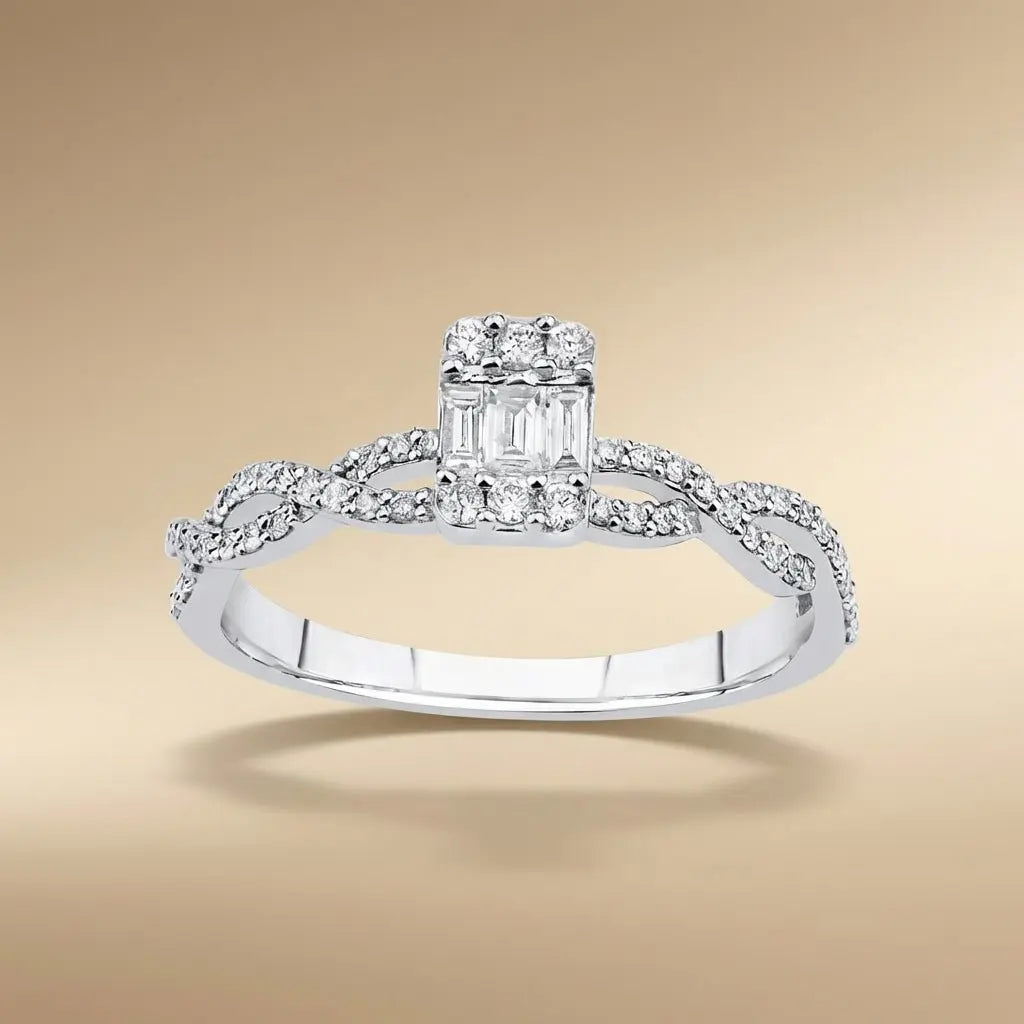 14ct/14K White Gold Natural Diamond Ring – Baguette Diamond Center with Pavé Infinity 0.31ct