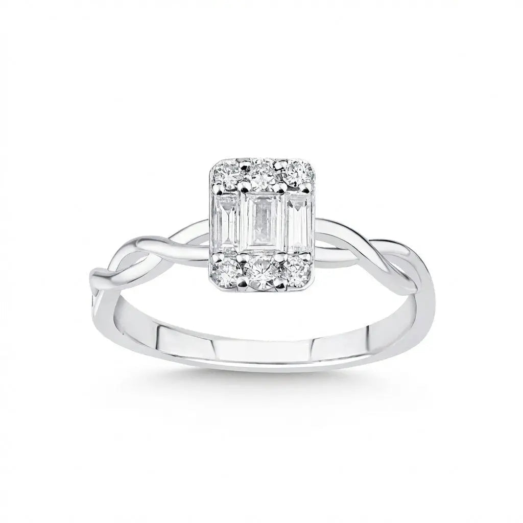 14ct/14K White Gold Natural Diamond Ring – Baguette Diamond Cluster with Twisted 0.34ct
