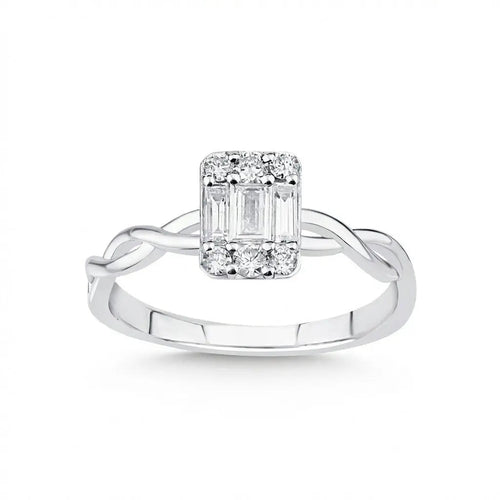 14ct/14K White Gold Natural Diamond Ring – Baguette Diamond Cluster with Twisted 0.34ct