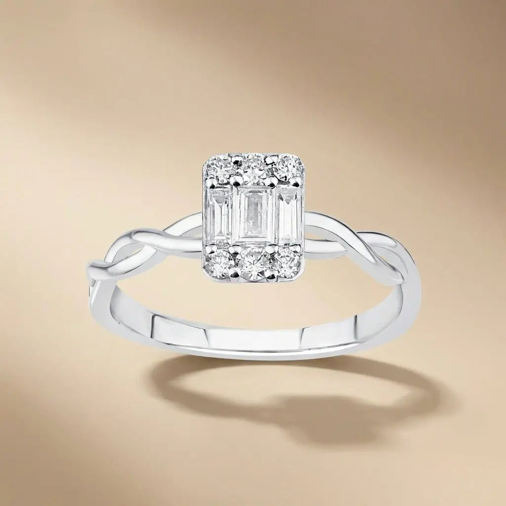 14ct/14K White Gold Natural Diamond Ring – Baguette Diamond Cluster with Twisted 0.34ct
