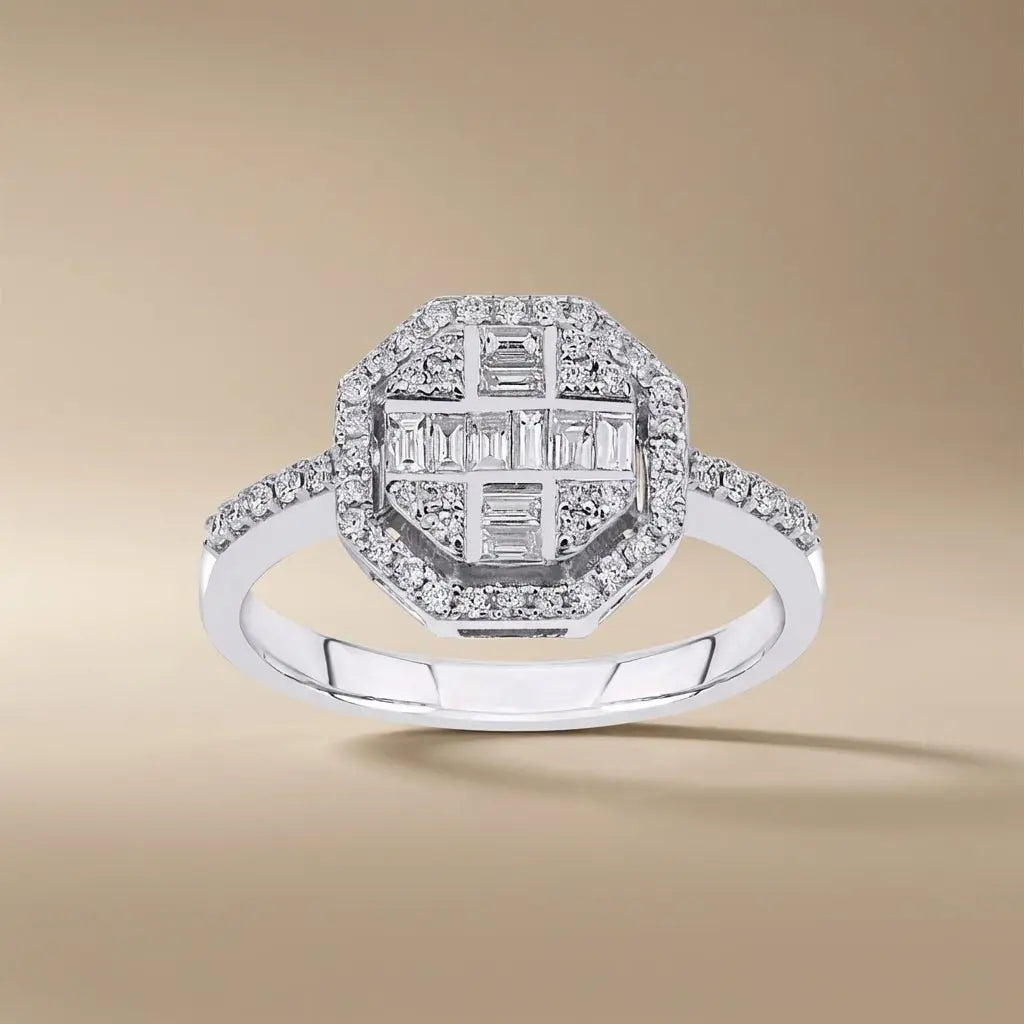 14ct/14K White Gold Natural Diamond Ring – Geometric Baguette Round Diamond Halo 0.5ct