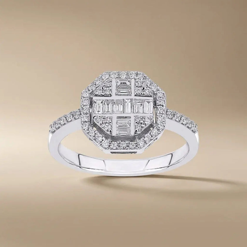 14ct/14K White Gold Natural Diamond Ring – Geometric Baguette Round Diamond Halo 0.5ct