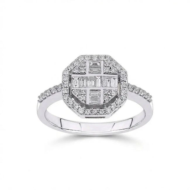 14ct/14K White Gold Natural Diamond Ring – Geometric Baguette Round Diamond Halo 0.5ct