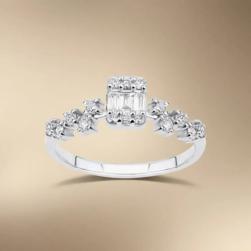 14ct/14K White Gold Natural Diamond Ring – Baguette Center Diamond with Round Diamond Accents 0.37ct