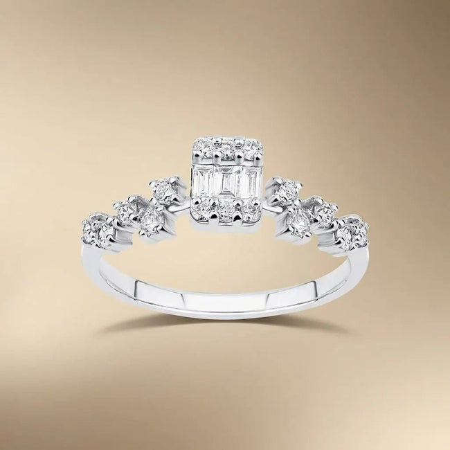 14ct/14K White Gold Natural Diamond Ring – Baguette Center Diamond with Round Diamond Accents 0.37ct