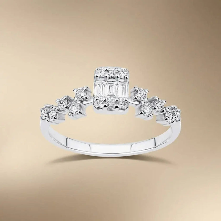 14ct/14K White Gold Natural Diamond Ring – Baguette Center Diamond with Round Diamond Accents 0.37ct