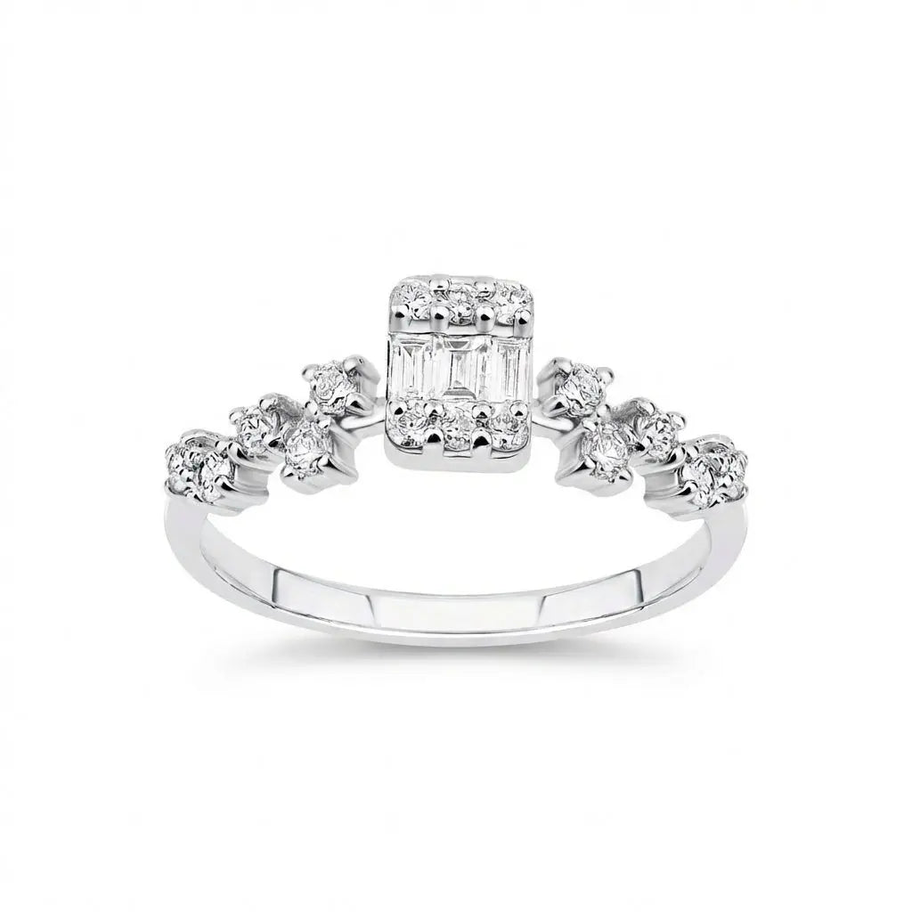 14ct/14K White Gold Natural Diamond Ring – Baguette Center Diamond with Round Diamond Accents 0.37ct