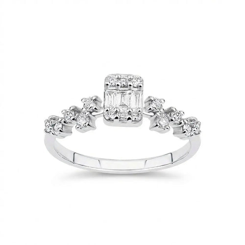 14ct/14K White Gold Natural Diamond Ring – Baguette Center Diamond with Round Diamond Accents 0.37ct