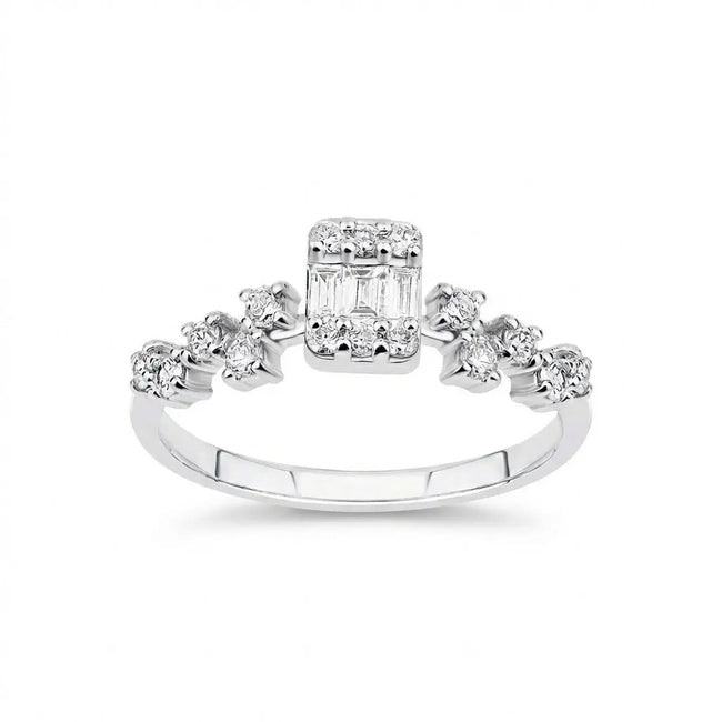 14ct/14K White Gold Natural Diamond Ring – Baguette Center Diamond with Round Diamond Accents 0.37ct