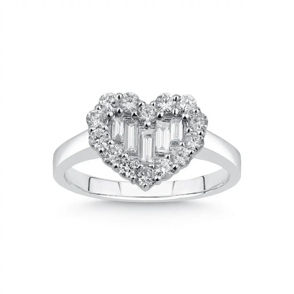 14ct/14K White Gold Natural Diamond Ring – Heart Shape Diamond Cluster with Baguette Center 0.81ct