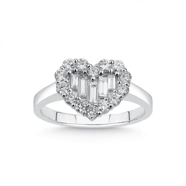 14ct/14K White Gold Natural Diamond Ring – Heart Shape Diamond Cluster with Baguette Center 0.81ct