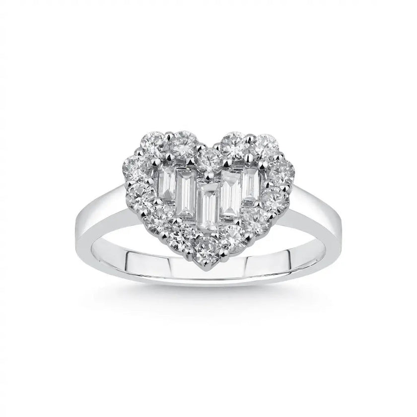 14ct/14K White Gold Natural Diamond Ring – Heart Shape Diamond Cluster with Baguette Center 0.81ct