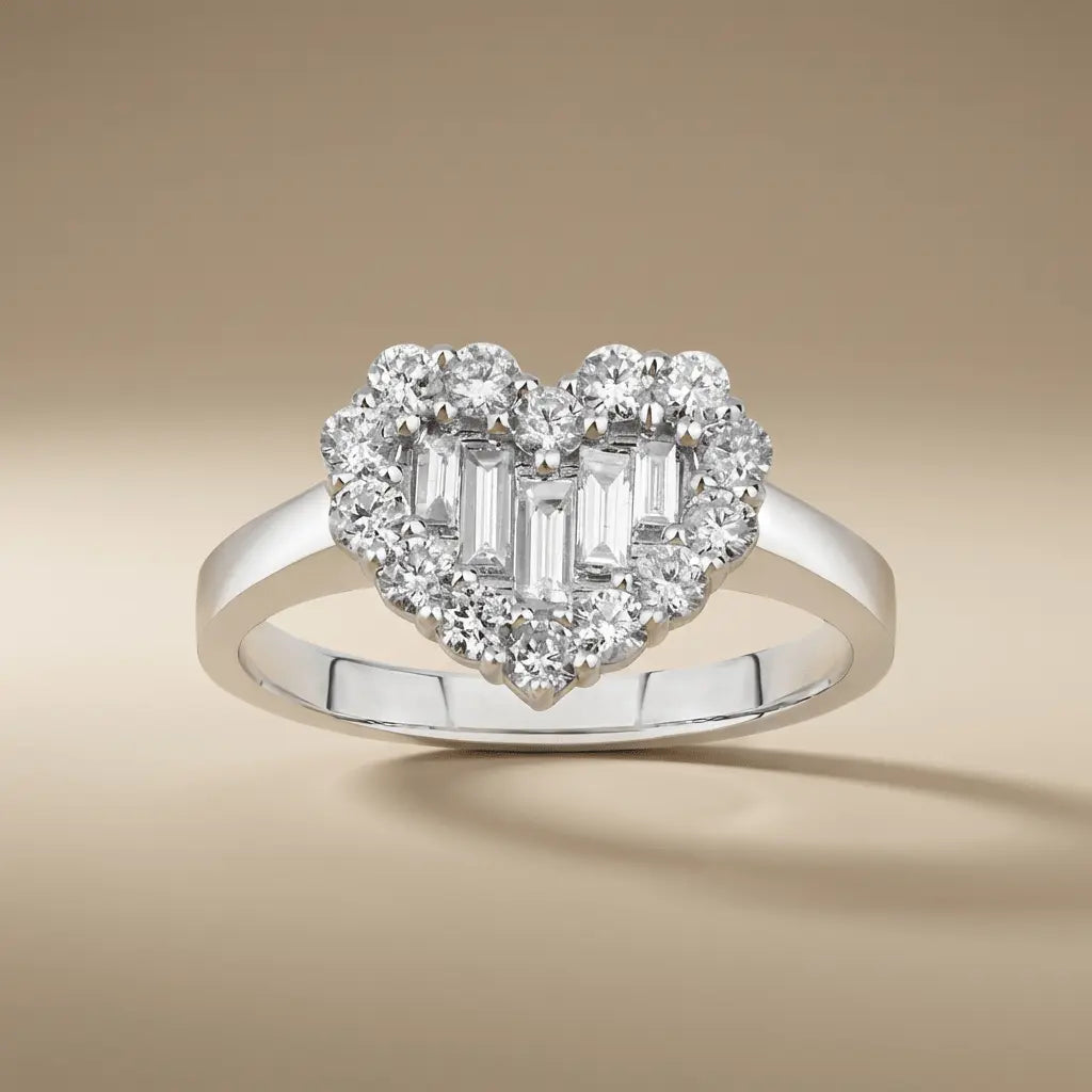 14ct/14K White Gold Natural Diamond Ring – Heart Shape Diamond Cluster with Baguette Center 0.81ct
