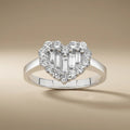 14ct/14K White Gold Natural Diamond Ring – Heart Shape Diamond Cluster with Baguette Center 0.81ct