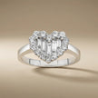 14ct/14K White Gold Natural Diamond Ring – Heart Shape Diamond Cluster with Baguette Center 0.81ct