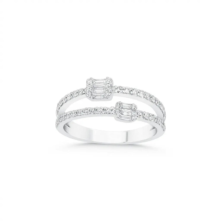 14ct/14K White Gold Natural Diamond Ring – Open Double Diamond with Baguette Clusters 0.5ct