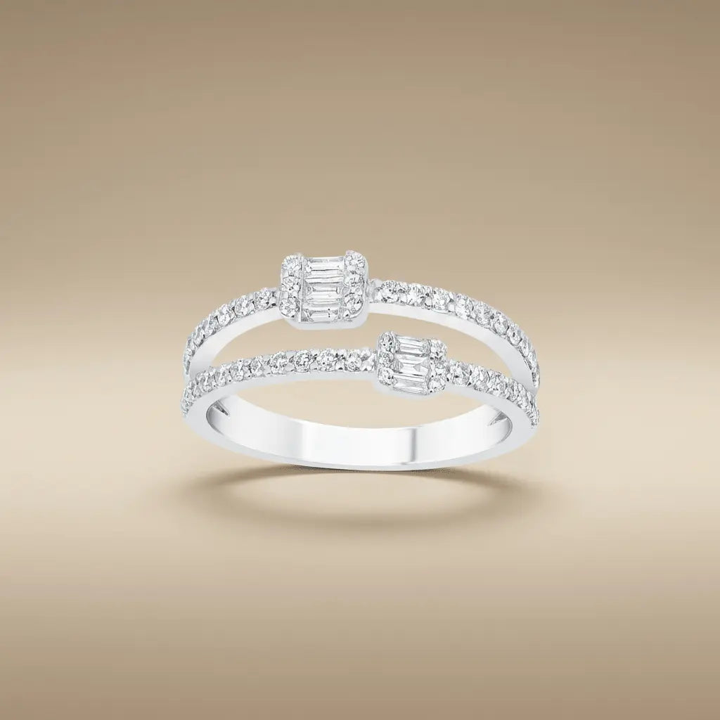 14ct/14K White Gold Natural Diamond Ring – Open Double Diamond with Baguette Clusters 0.5ct