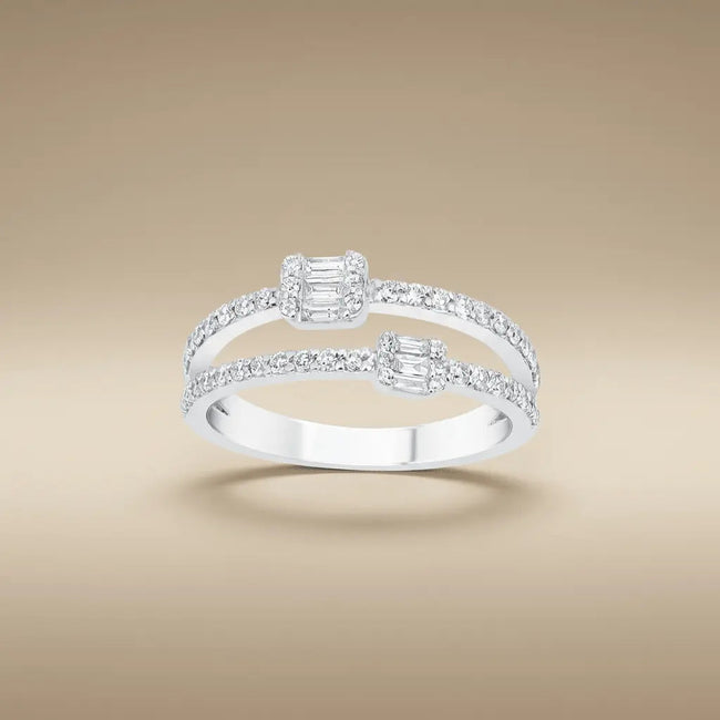 14ct/14K White Gold Natural Diamond Ring – Open Double Diamond with Baguette Clusters 0.5ct