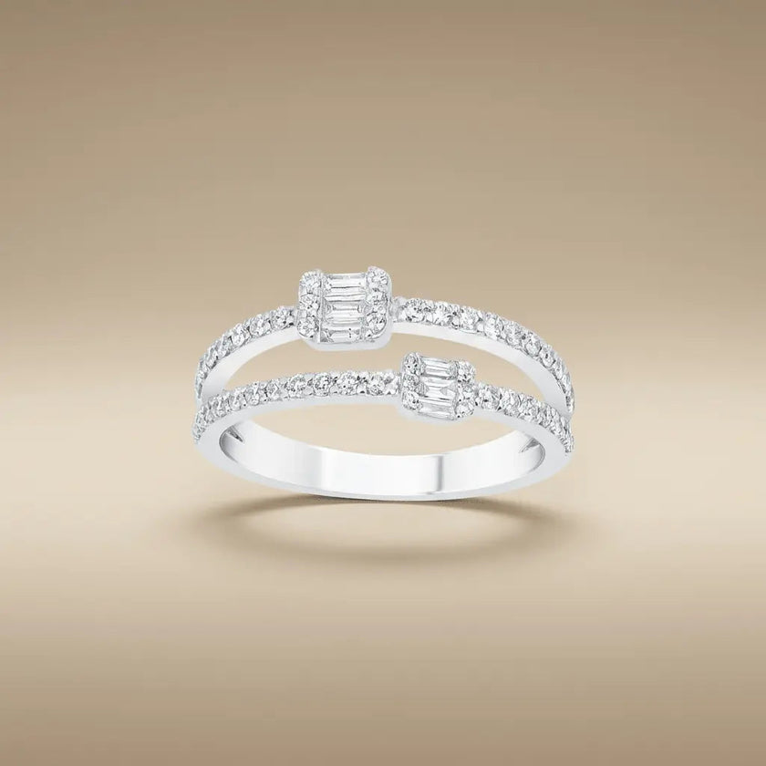 14ct/14K White Gold Natural Diamond Ring – Open Double Diamond with Baguette Clusters 0.5ct