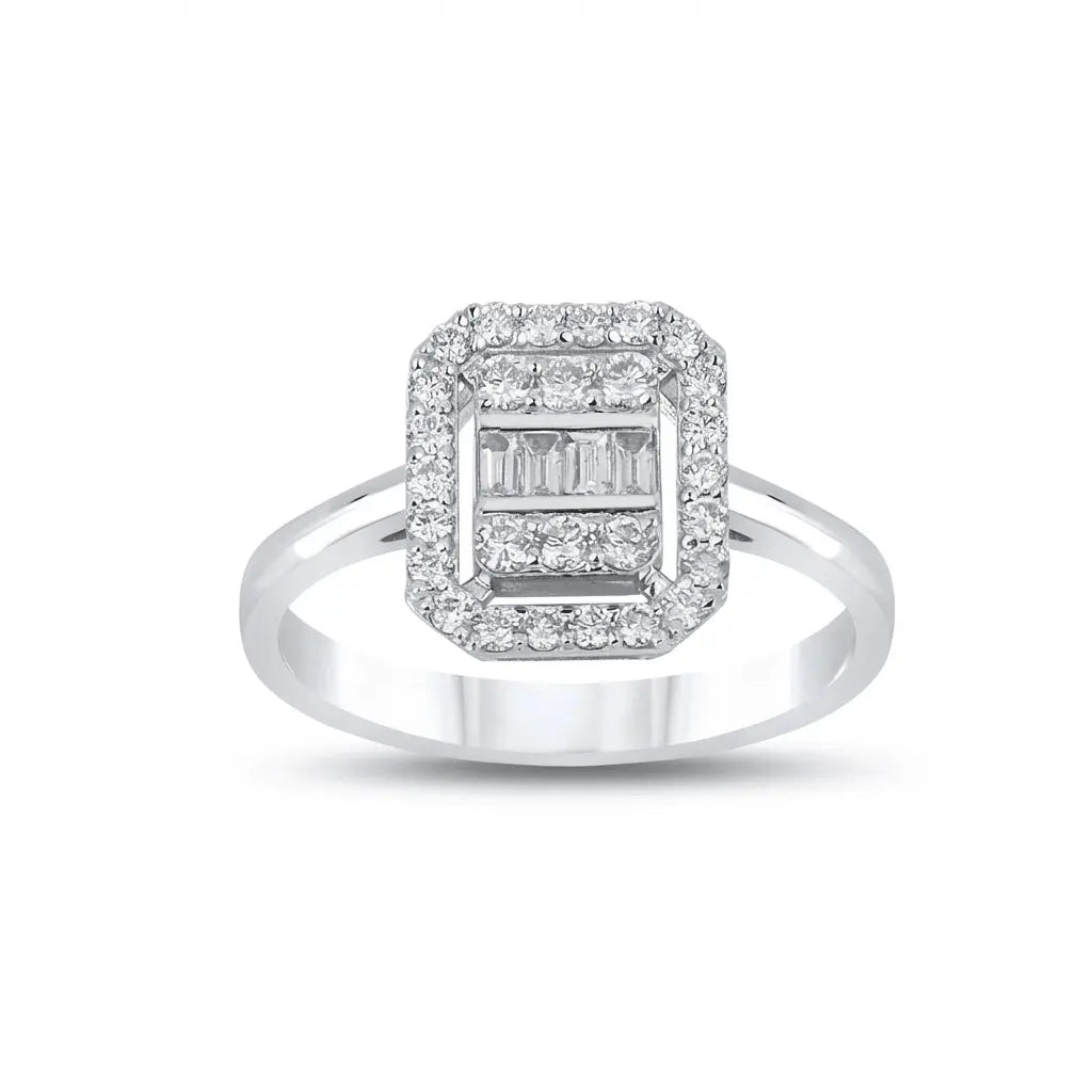 14ct/14K White Gold Natural Diamond Ring – Baguette Halo Diamond 0.57ct