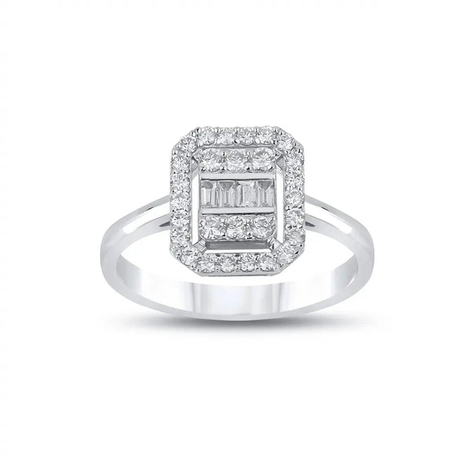 14ct/14K White Gold Natural Diamond Ring – Baguette Halo Diamond 0.57ct