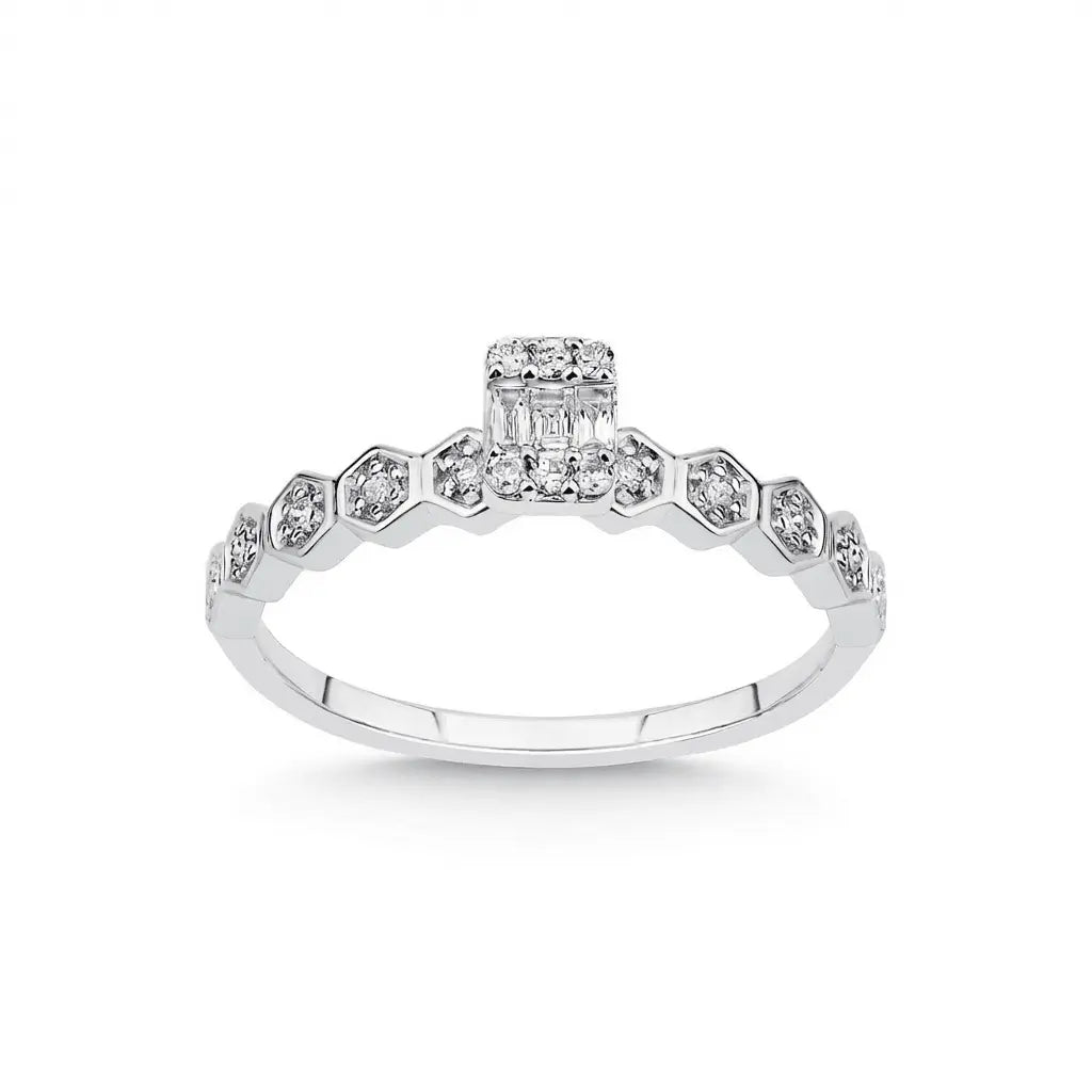 14K White Gold Natural Diamond Ring – Hexagon Diamond with Baguette Center 0.18ct