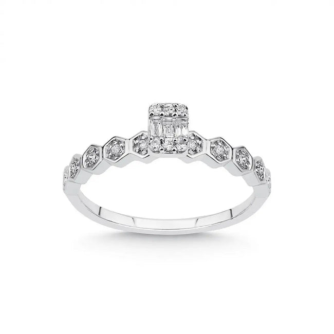 14K White Gold Natural Diamond Ring – Hexagon Diamond with Baguette Center 0.18ct