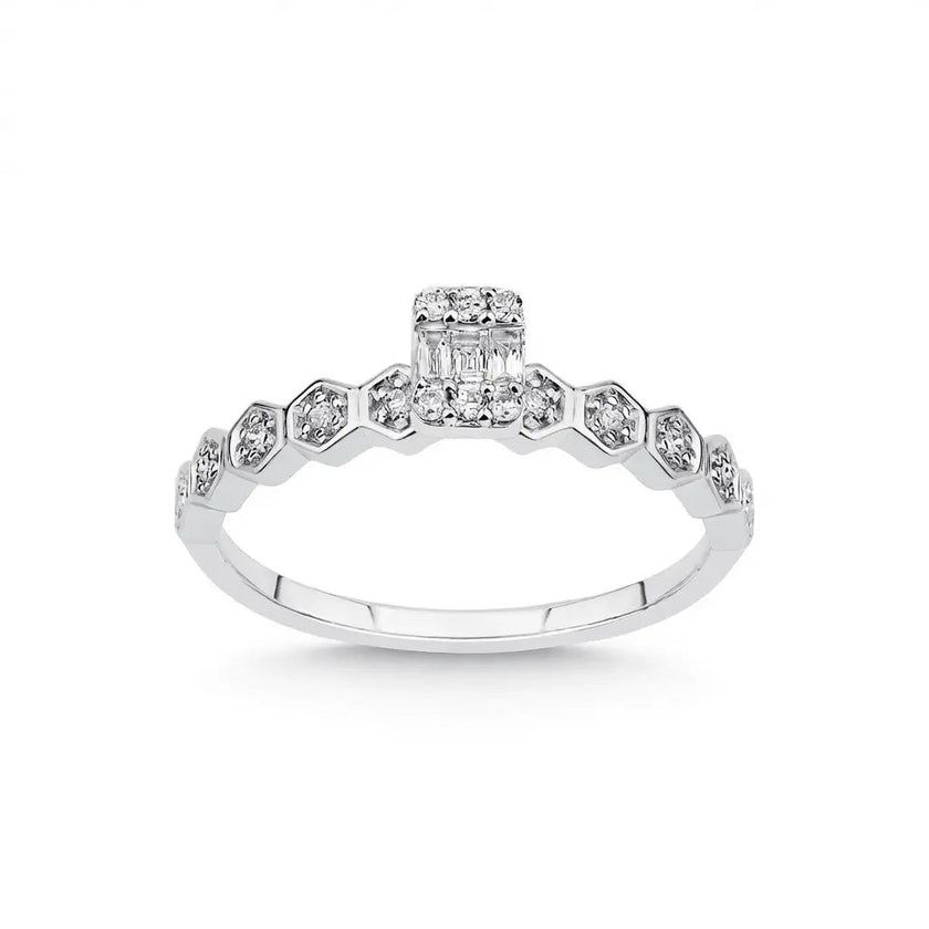 14K White Gold Natural Diamond Ring – Hexagon Diamond with Baguette Center 0.18ct