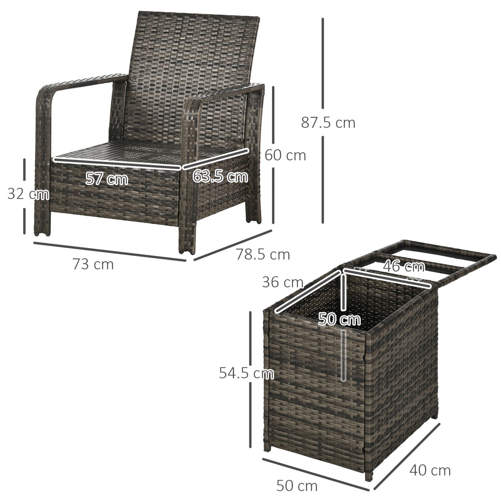 Outsunny 3 Pieces Rattan Bistro Set, Wicker Garden Furniture Set with Storage  Coffee Table and Chairs, Thickened Cushions for Outdoor, Patio, Balcony, Grey